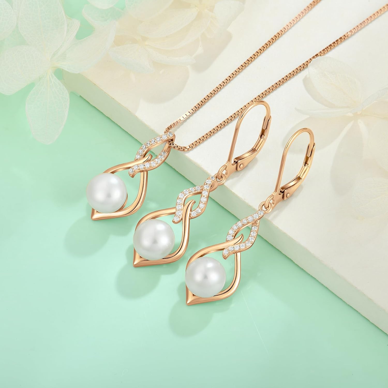 Starchenie Infinity Pearl Dangle Drop Earrings 925 Sterling Silver Rose Gold/18k Gold Plated Leverback Earrings Jewelry Gift for Women - Image 5