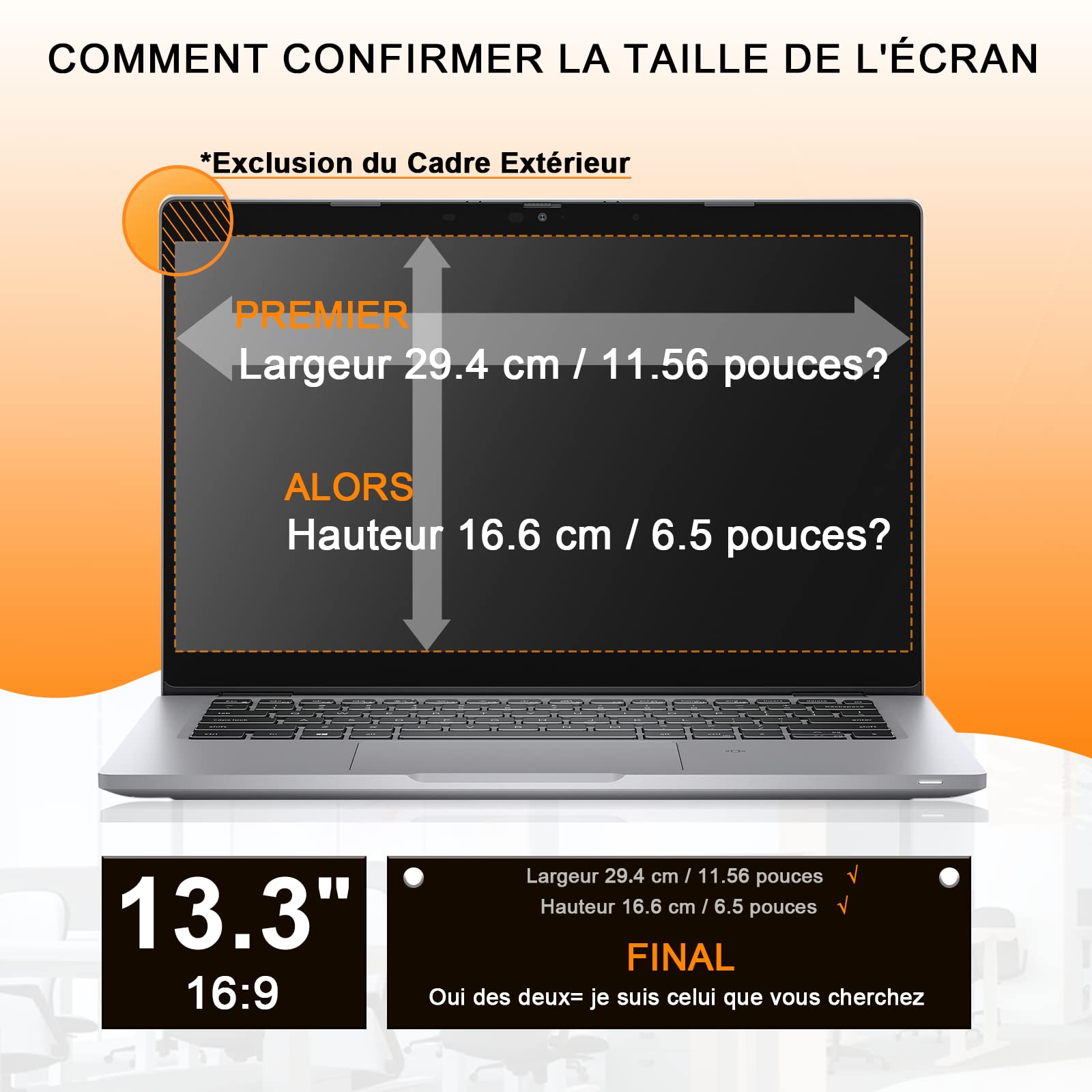 13.3 Pouces Filtre de Confidentialité pour écran Ordinateur Portable Aspect 16:9, Filtre Ecran 13.3 Pouces Compatible avec HP/Dell/Acer/Lenovo/Thinkpad/Envy/Asus/Xps, Amovible Filtre Lumière Bleu