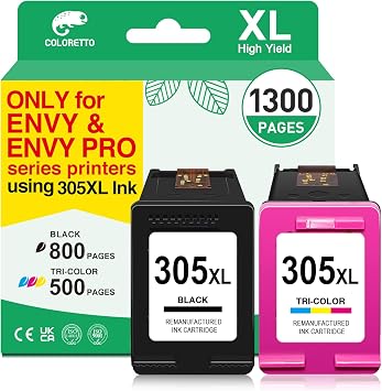 COLORETTO 305 Ink Cartridges compatible with HP Envy 6020e 6032e 6022e 6000e Envy Pro 6420e 6430e 6430e for HP 305 XL Printer Ink Replacement for 305XL Black, tri-colour ink 2 pack