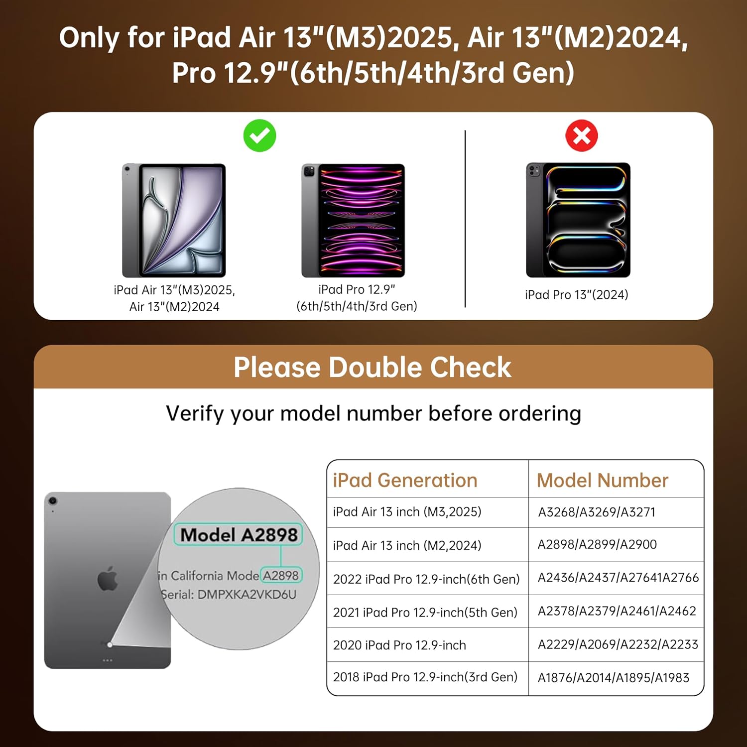 Compatibility chart for GUSGU Transparent Keyboard Case, listing supported iPad Air 13-inch (M3/M2) and iPad Pro 12.9-inch (6th/5th/4th/3rd Gen) models with their corresponding model numbers.