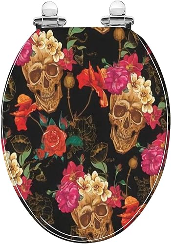 Asiento de inodoro alargado, diseño colorido de calavera y flores, asiento de inodoro de resina con bisagras de liberación rápida de cierre