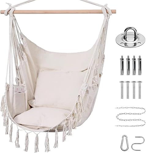 Goutime Silla hamaca para interiores con bolsillo, sillas colgantes de macramé para dormitorio, máximo 330 libras (beige)
