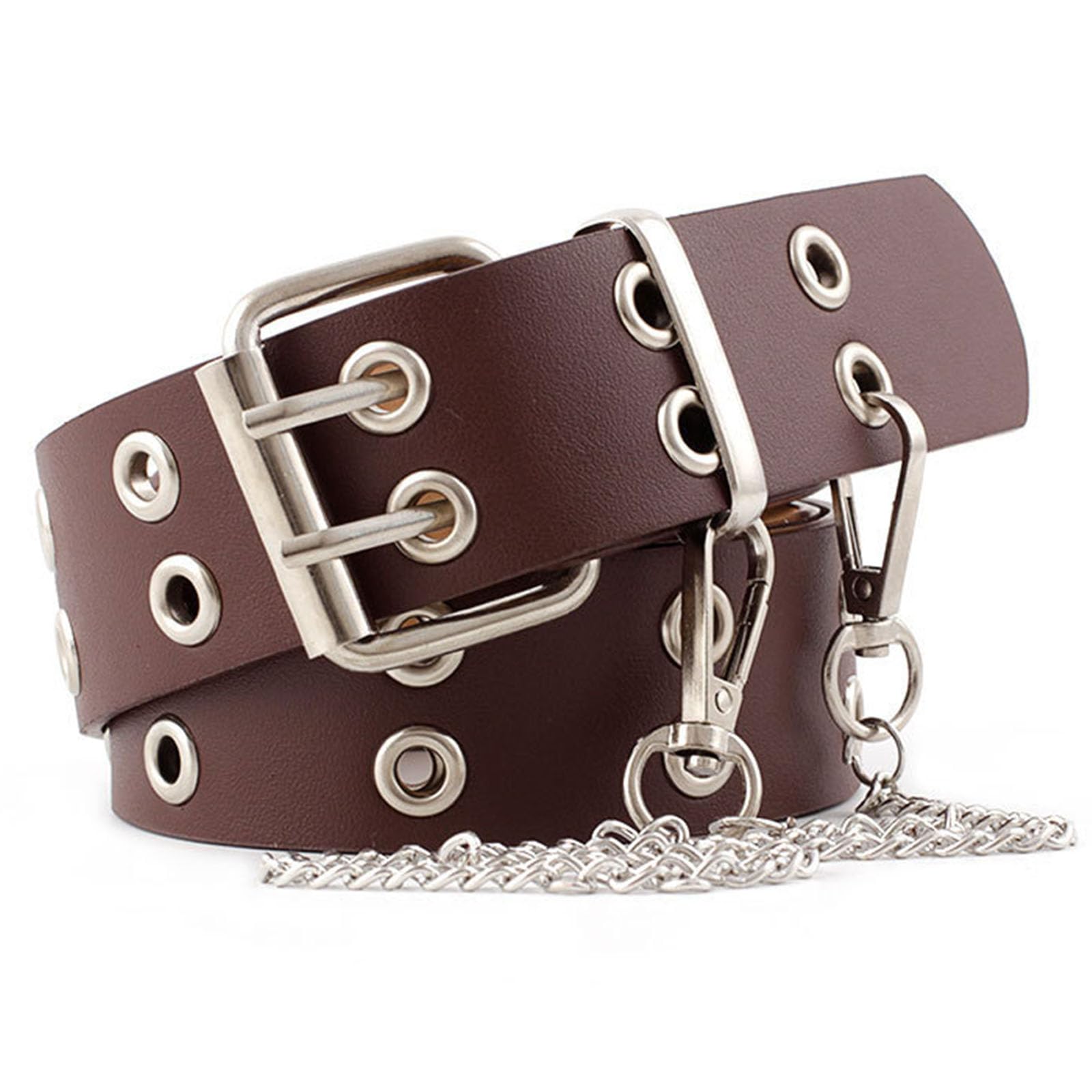 SUMGOGO Double Grommet Leather Belts for Women Punk Belt With Chain Women Men Jeans 2 Hole Belts 1.5 Wide