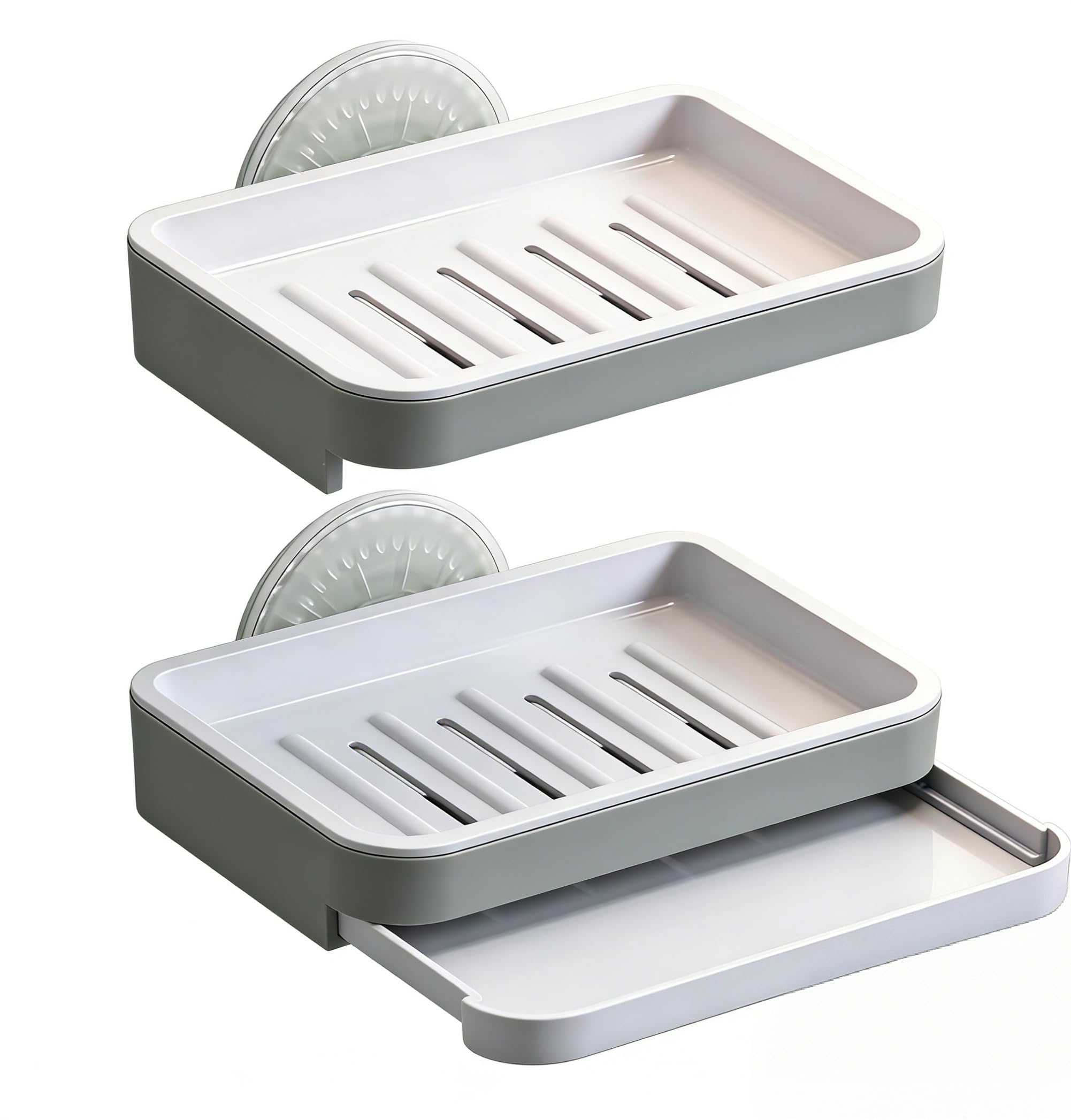 2PCS Double Layer Soap Dish for Shower, Wall Mounted Bar Soap Holder Suction Cup 2 Layer Self Draining Soap Case Sponge Holder for Shower Bathroom, Tub and Kitchen Sink, Drill-Free Tray