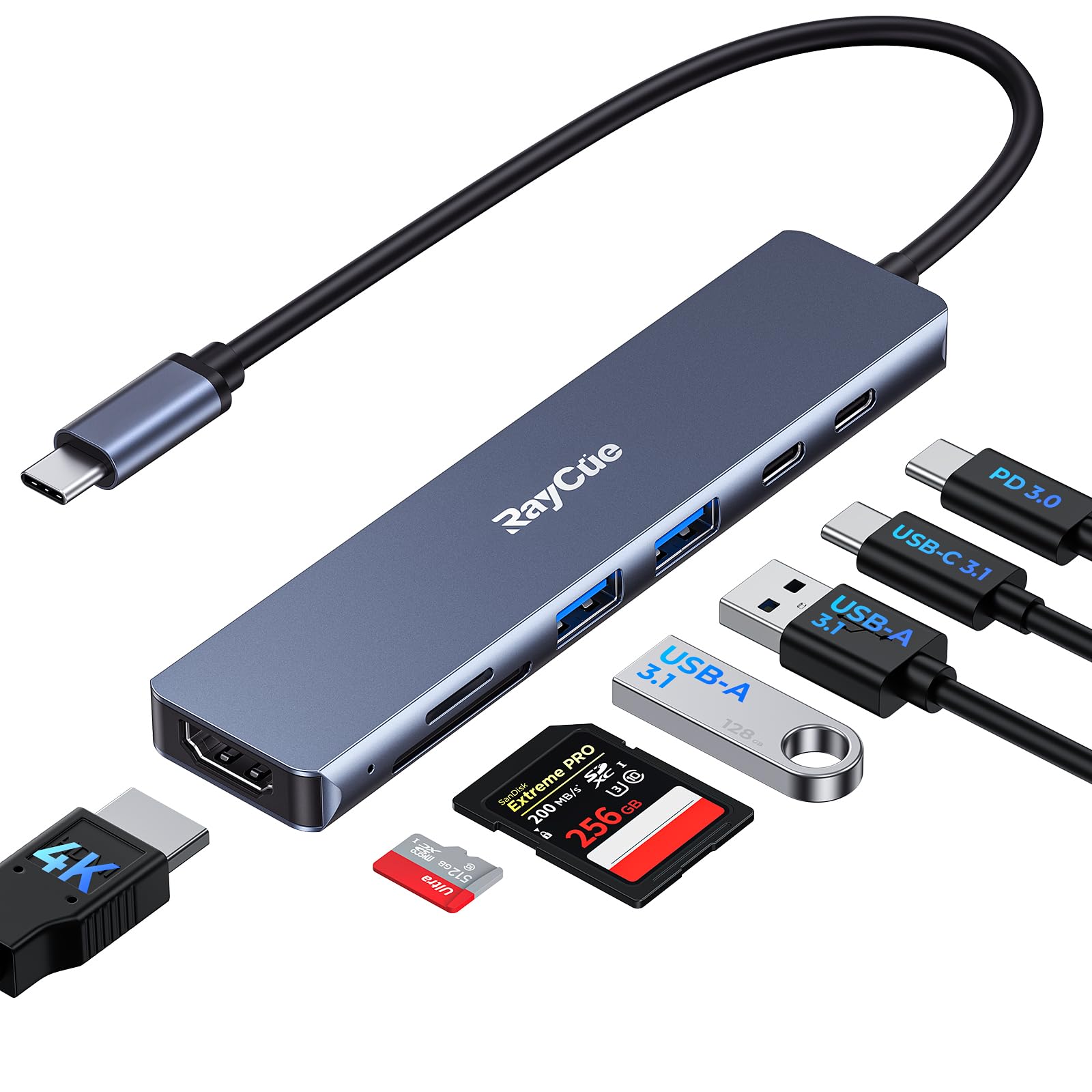 RayCue 7 in 1 USB Cハブ USB C - HDMIスプリッター,2*USB 3.1 GEN1と5Gbps高速データ転送 Type-Cデータポート,4K HDMIポート,100W PD急速充電、SDカードリーダー,iPhone 15/Mac/Dell/Acer/HP/Asus/Steam Deck/Rogに対応