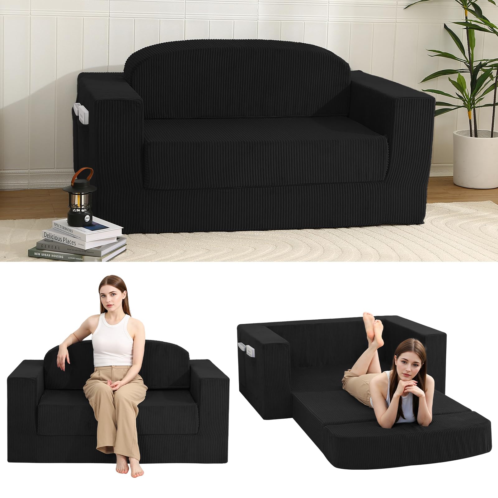 MeMoreCool Convertible Small Sofa Bed, Corduroy Folding Boneless Couch — image 1