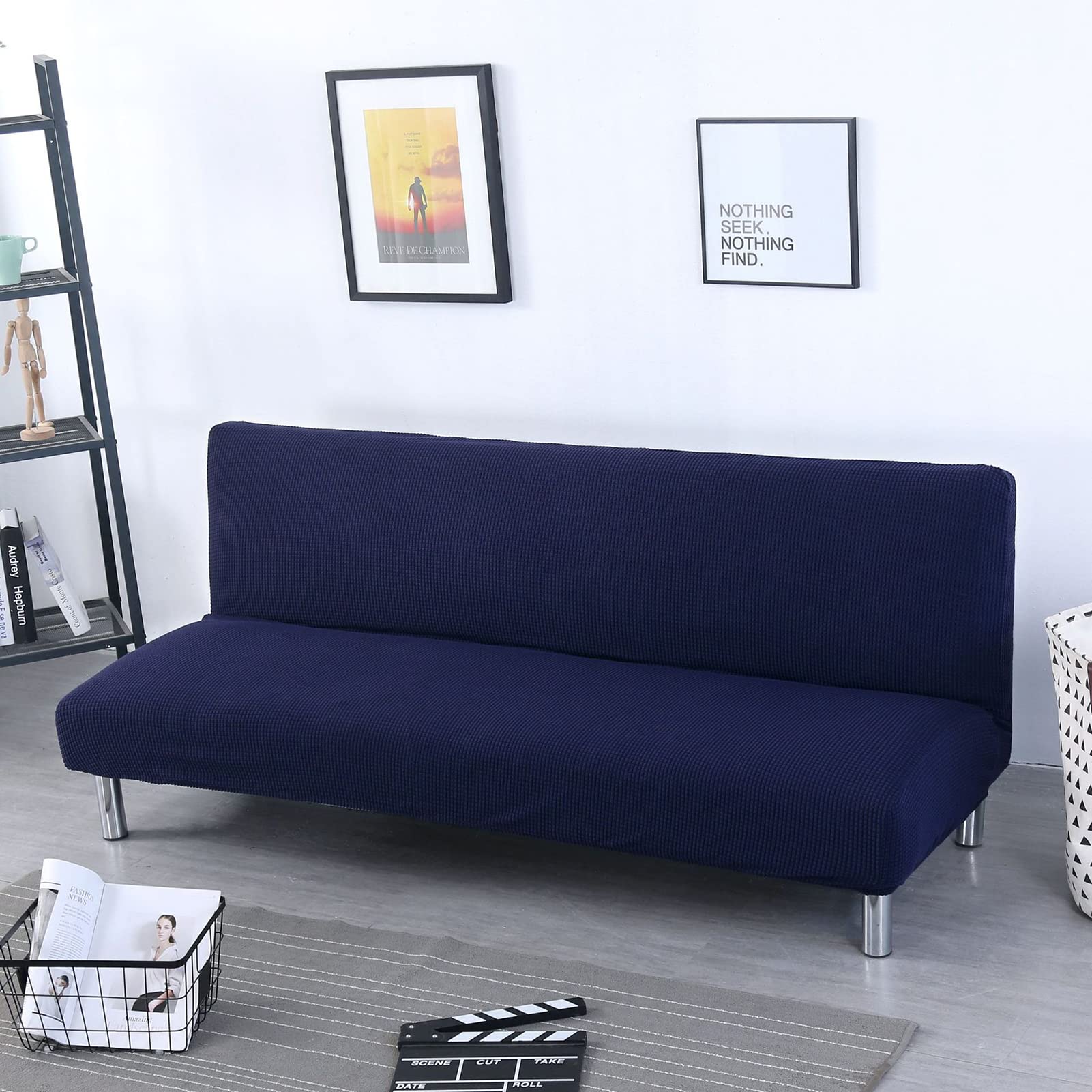Funda de futón elástica jacquard azul oscuro para sofá cama sin brazos de 120-140cm