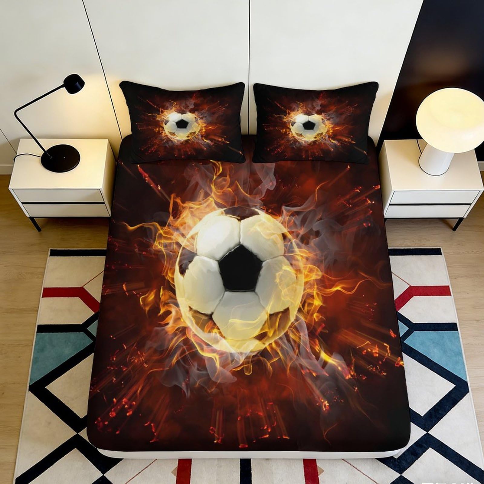 3D Printed Flame Football Fitted Sheet Microfiber Deep Pocket Non-Slip Flame Football Mattress Fitted Cover for Bedroom 140x200x25cm