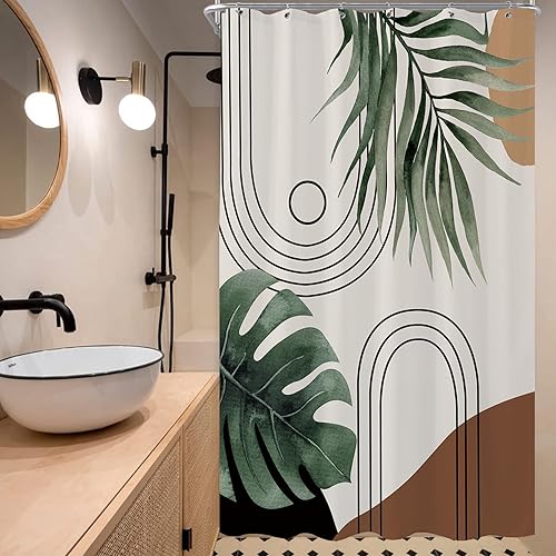 Miniatura 3 de Cortina de ducha pequeña, cortina de ducha pequeña con hojas verdes abstractas y tropicales, cortina de ducha bohemia para baño, cortina de ducha de