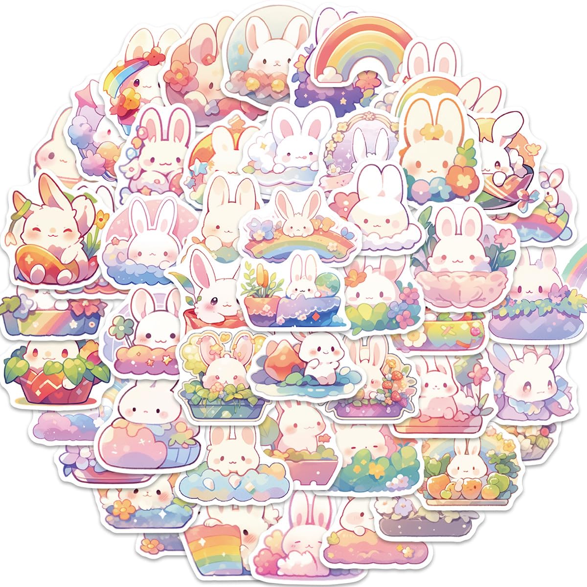 Bric dodo 50Pcs Rainbow Rabbit Cartoon Stickers, Waterproof, Reusable, PVC Material, Perfect for Laptops, Skateboards, Cars, Bicycles, etc.
