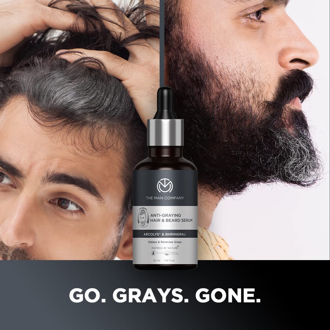 The Man Company Anti-Graying Hair & Beard Serum for Men Enriched With Bhringraj, Arcolys & Shikakai | Hair Shine & Nourishment | Delay & Reverses Grays | Strengthen Roots| For All Hair Type -30Ml The Man Company Anti-Graying Hair & Beard Serum for Men Enriched With Bhringraj, Arcolys & Shikakai | Hair Shine & Nourishment | Delay & Reverses Grays | Strengthen Roots| For All Hair Type -30Ml