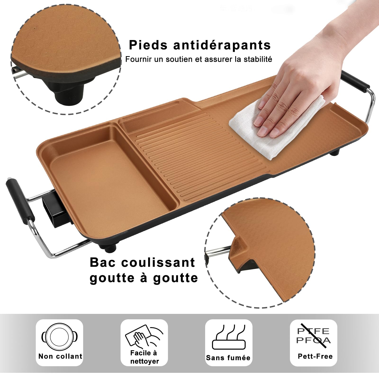AEWHALE Plancha Électrique 3 en 1, 2000 W, Barbecue Electrique Doré | Convient à une Utilisation en Intérieur et en Extérieur, pour 6 Personnes, Facile à Nettoyer