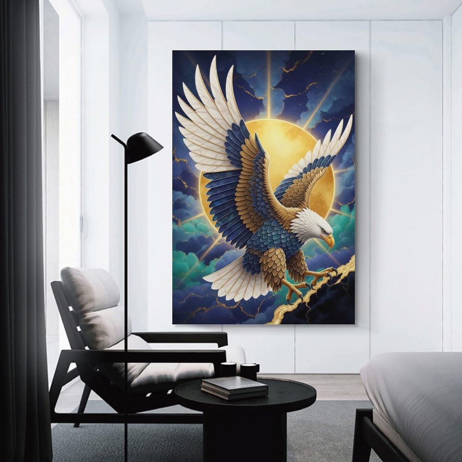 Junmoney Unframe-Style-12 Golden Sun Eagle Canvas Wall Art 24X36inch(60X90cm), For Office Decor, Home Working Or Creative Rooms, Wall Art That Adds Style To Work Areas