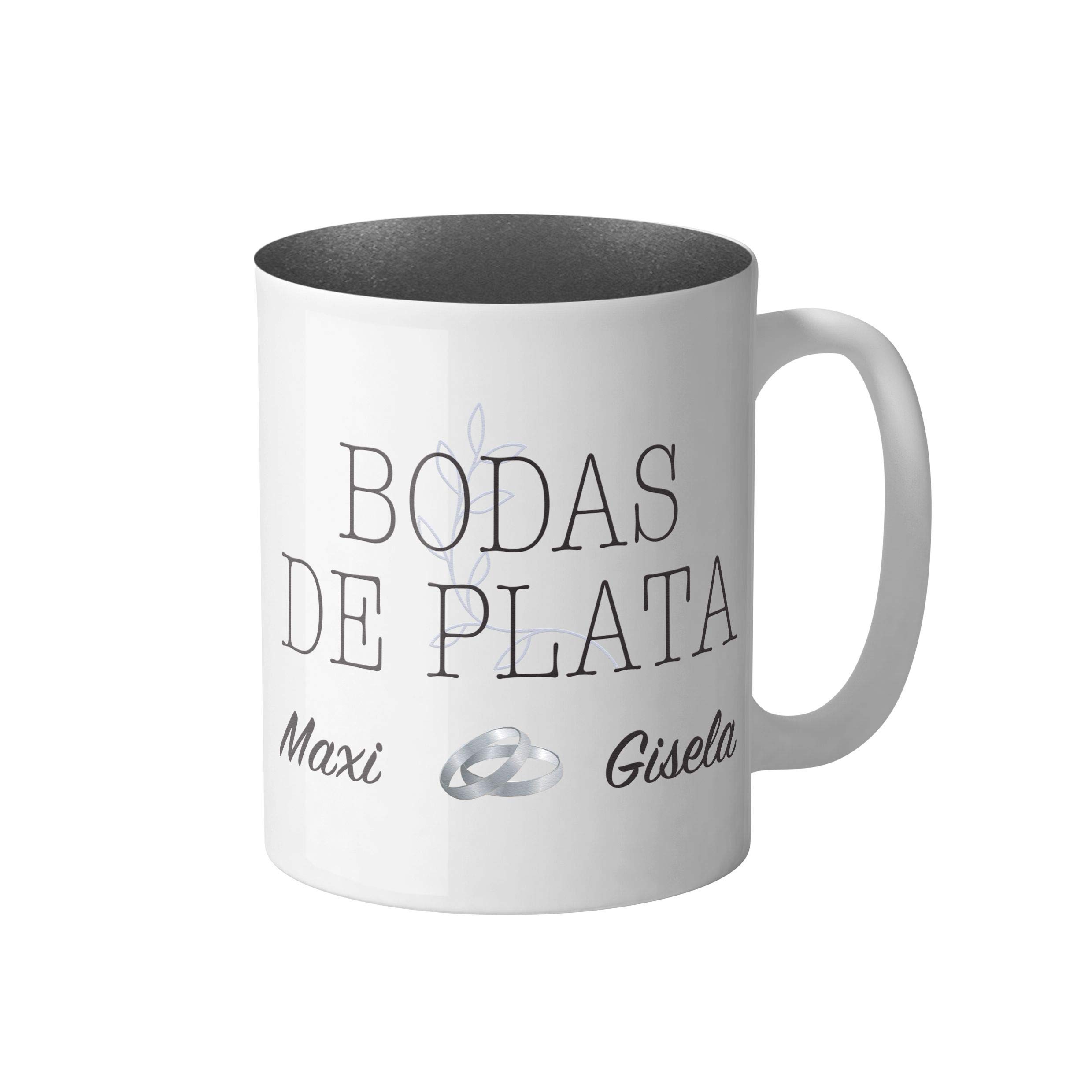 Taza Personalizada Para Bodas De Plata - Interior Purpurina Plateada, Con Nombres, Fecha Y Texto, Detalle único