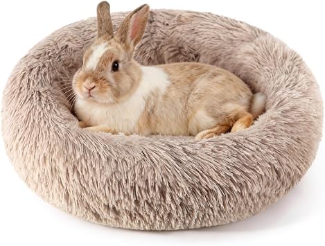 Rabbit Bed, Long Plush Donut Shaped Washable Bunny Hideout Soft Pet Bedding Mat for Guinea Pig, Kitten, Chihuahua & Small Pets for Snuggling Resting - Khaki