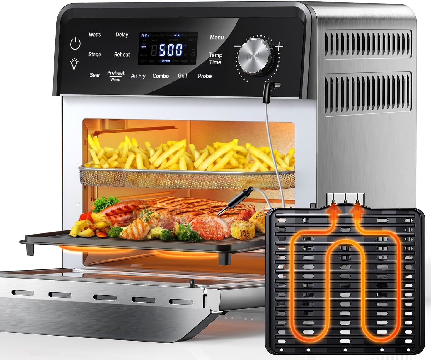 Nuwave Smart Air Fryer Oven with POWERPORT™ Plug-In Grill for Dual-Zone Efficient Cook, 100 in 1 Advanced Convection Toaster Oven Countertop w/Insulated 2-Glass Door, 550°F Preheat, Stainless Steel