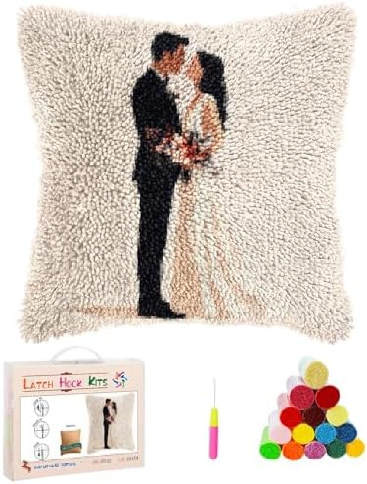 ANSIWEIGO Latch Hook Kits Pillow Wedding Groom And Bride Stamped Pillowcase Handmade Crochet Yarn Hook And Latch Embroidery Throw Pillow Cover For Home Sofa Decor 17x17 in