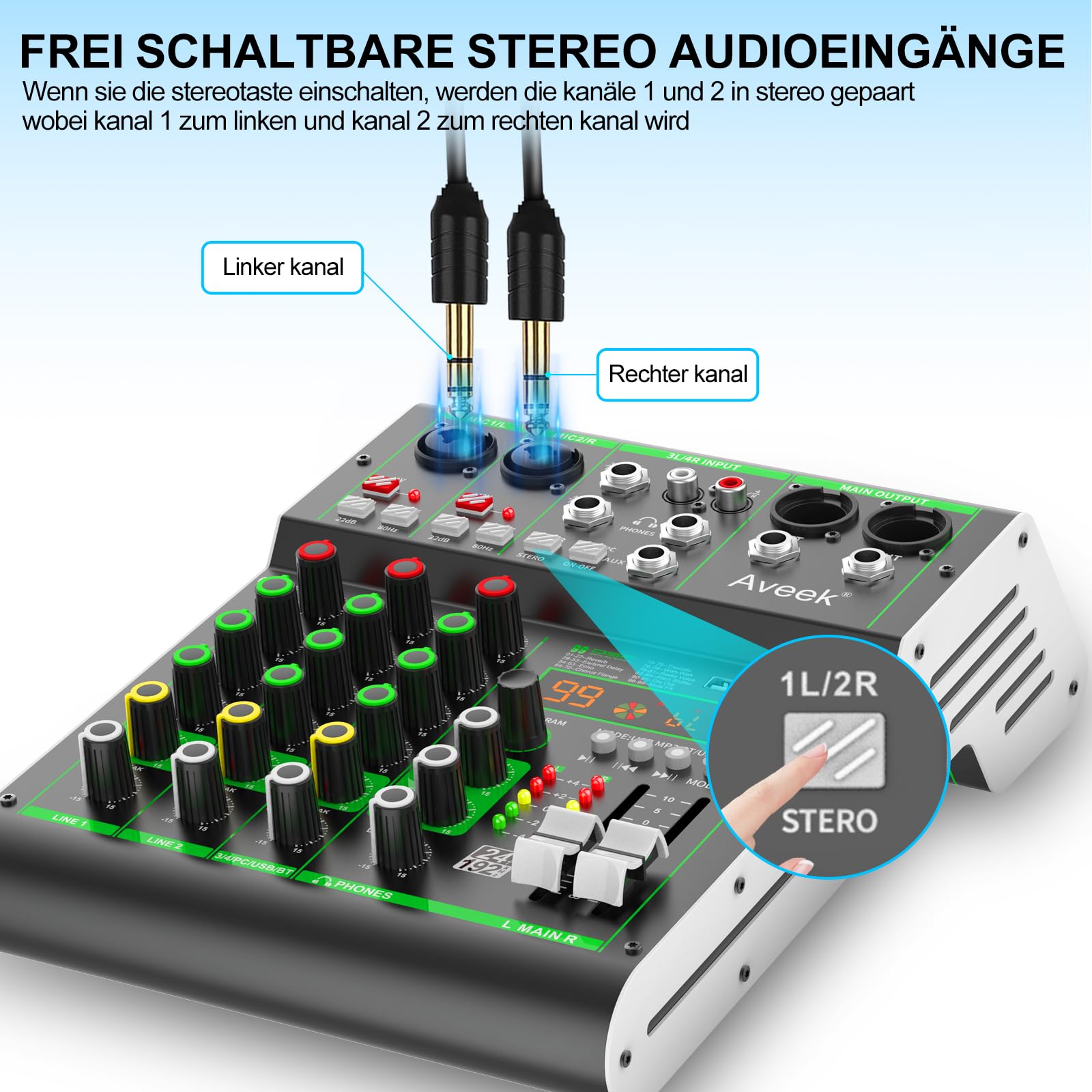 Aveek Audio Mixer,Professionelles Soundboard-Mischpult mit USB-Stick/Bluetooth/Computer/4-Kanal-Stereo-Eingang DJ Mixer,48V Phantom Digital 99 DSP-Effekt für PC-Aufnahme Karaoke Studio Streaming