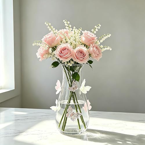 3D Butterfly Vase, 8.5 Inch Clear Unique Flower Vases for Centerpieces Wedding Themed Party Home Decor Living Room Bedroom Dining Coffee Table Bookshelf Kitchen Countertop, Pink