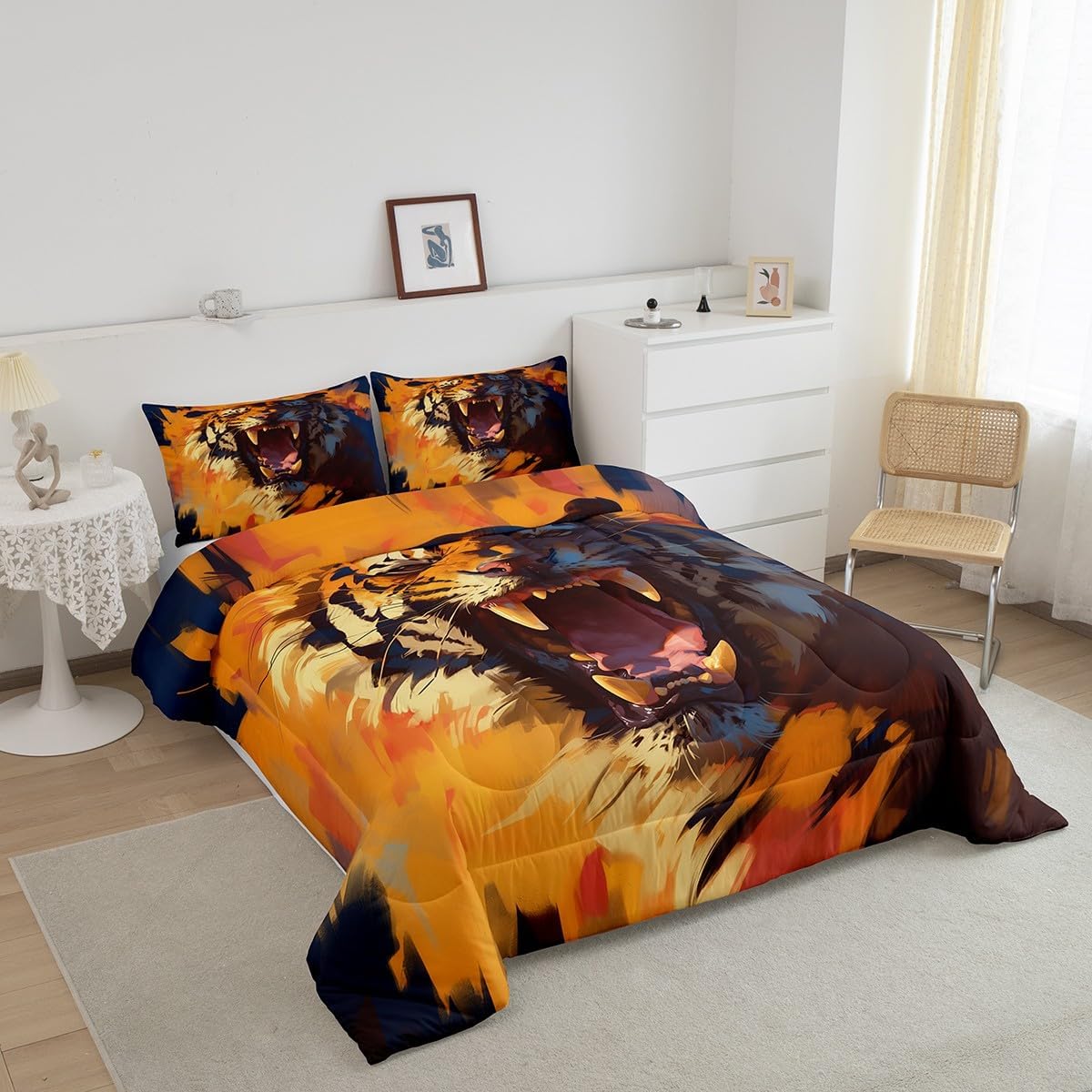 Erosebridal Safari Tiger Queen Comforter Set for Kids Boys Girls Cartoon Tiger Graffiti Bedding Sets,Wild Animal Wildlife Down Comforter Abstract Oil Painting Watercolor Bedding Comforters & Sets