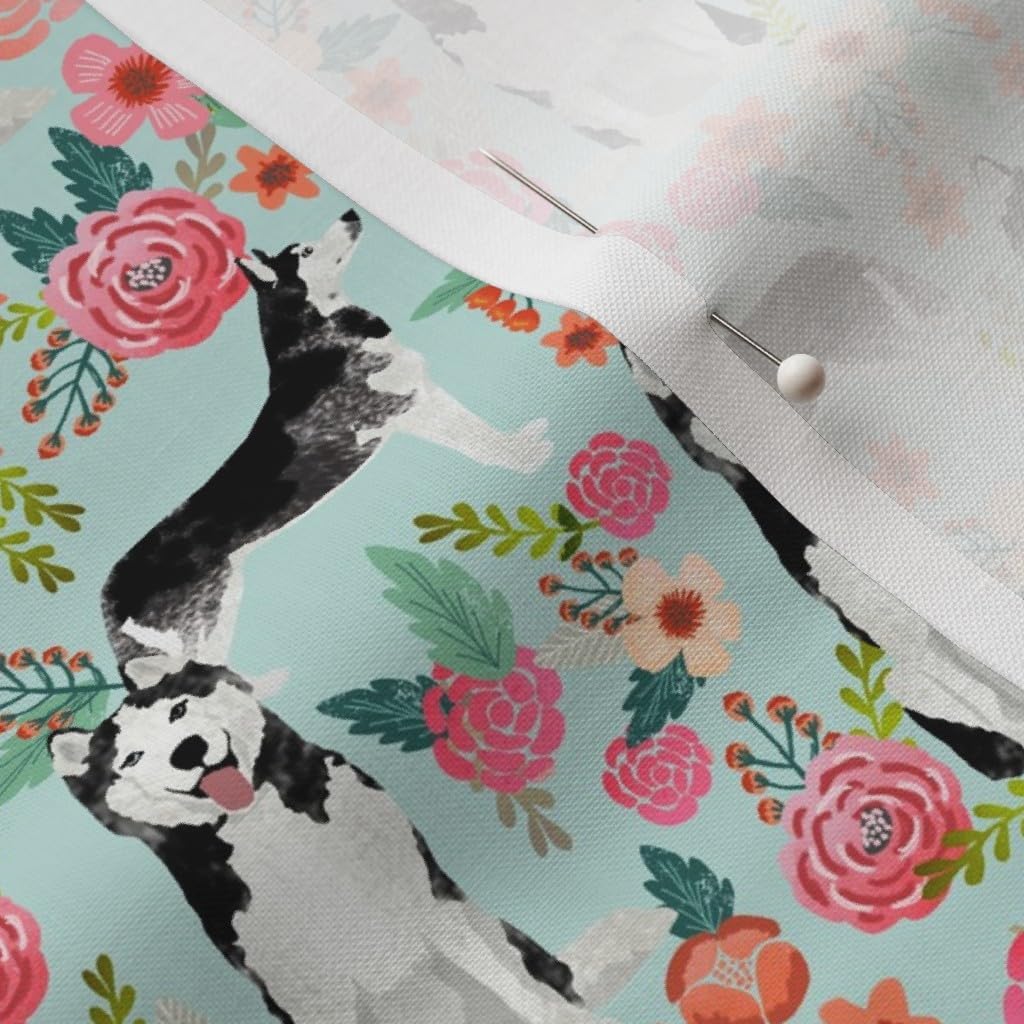 Spoonflower Fabric - Husky Florals Cute Light Mint Best Dogs Huskies Dog Flowers Siberian Printed on Petal Signature Cotton Fabric by The Yard - Sewing Quilting Apparel Crafts Decor