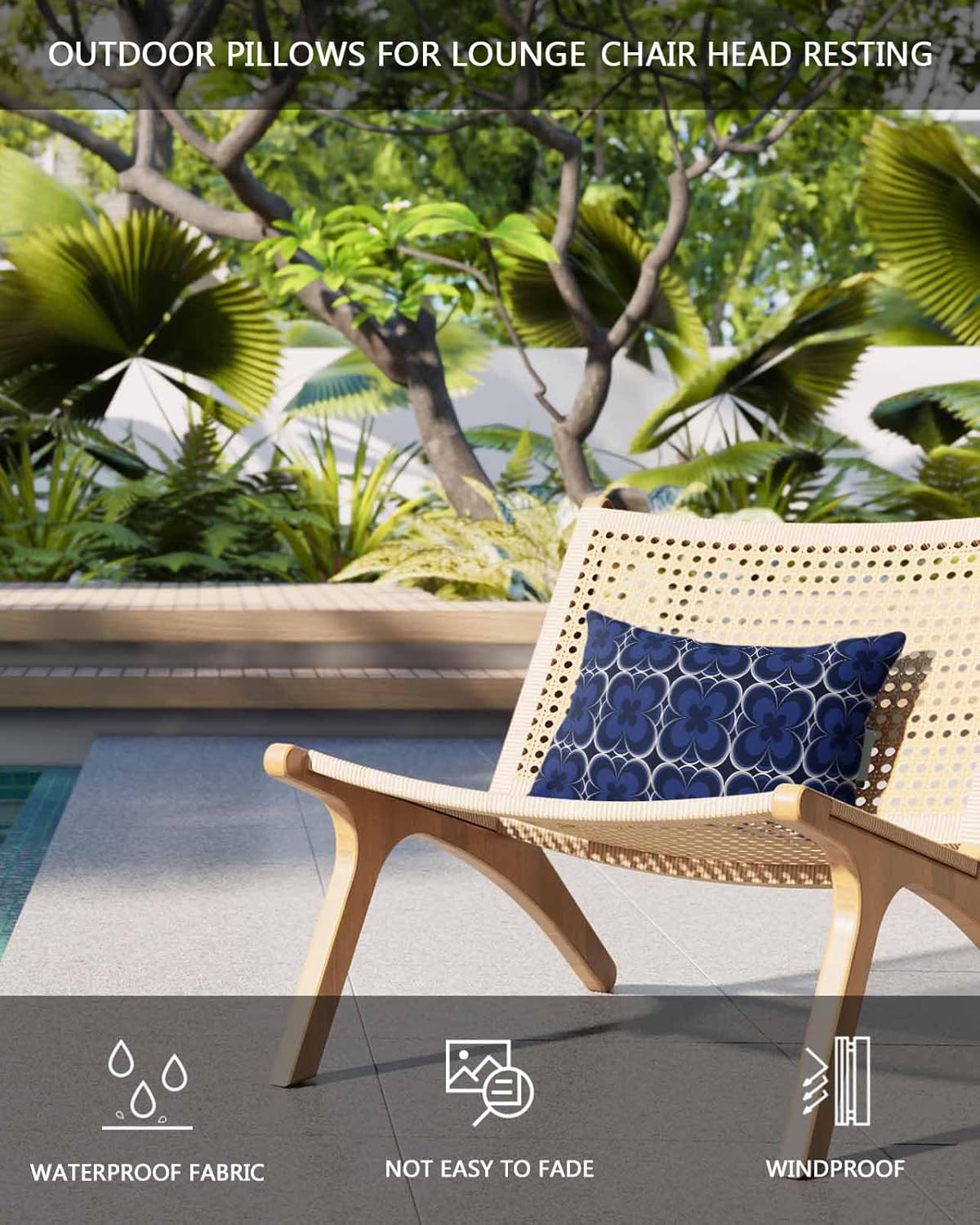 Navy Blue Outdoor Recliner Pillows for Head, Waterproof Chair Pillow with Elastic Stripe, White Modern Geometric Abstract Art Aesthetics Chaise Lounge Headrest Pillow for Patio/Beach/Pool 1Pack