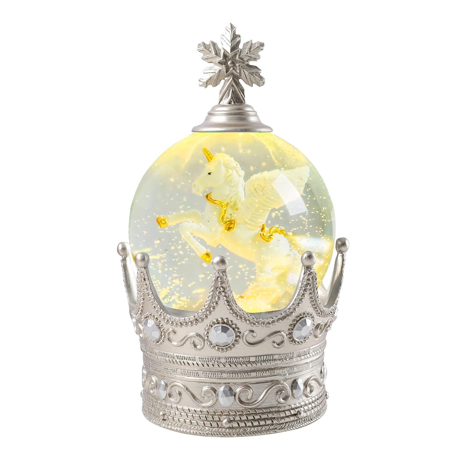 Taman Christmas Snow Globe, Crown White Horse Musical Snowglobe with Swirling Glitter Snowflakes Lighted Christmas Decorations Tabletop Home Décor