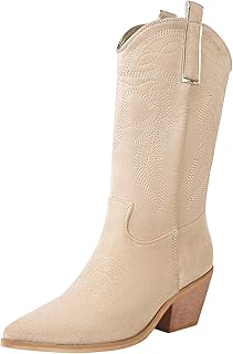Reitoye Women's Embroidered Western Cowboy Boots Mid Calf Chunky Heel Pull-Up Tabs Classic Cowgirl Boot