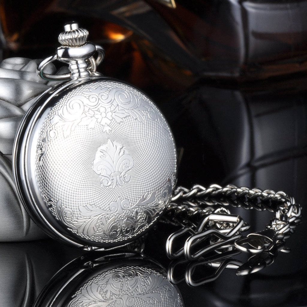 Unendlich U Montre de Poche mécanique, Montre de Poche Chiffres Rétro Creux Squelette en Acier, Montre Pendentif pour Homme Femme, avec Deux chaînes, Cadeau de Noël et Anniversaire