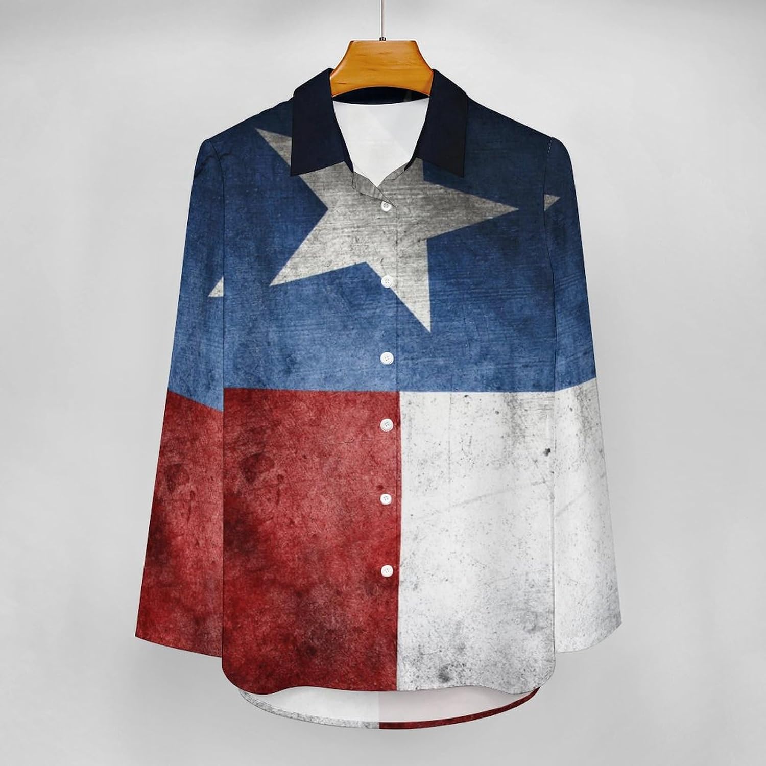Closeup of Texas Flag Womens Long Sleeve Button Down Shirts Blouses V Neck Work Tops