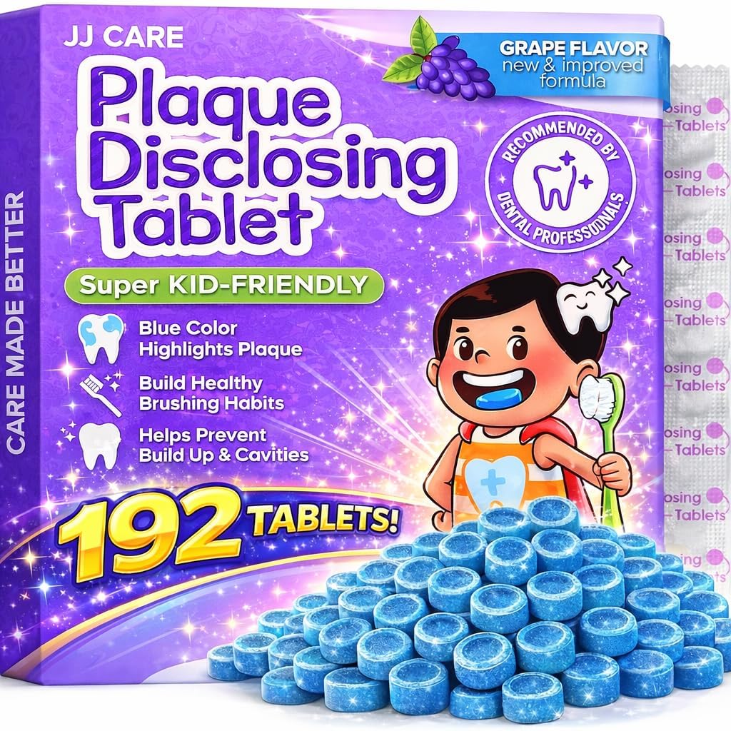 JJ Care Disclosing Tablets for Kids - 192 Count, Individually Wrapped Plaque Disclosing Tablets for Kids Brushing Teeth, Grape Flavored Plaque Remover, Dental Care for Teeth Brushing