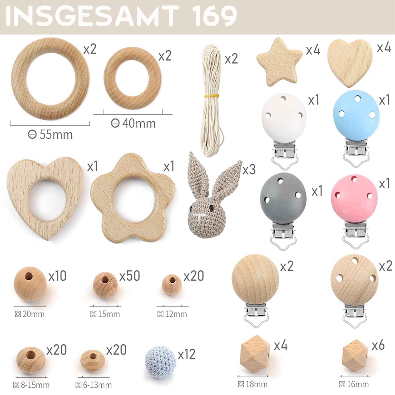 169 Stück Makramee Holzperlen Set, 138 Holzperlen, 12 Stück 20mm Häkelholzperlen, 8 Holzclips, 3 Stück Häkelhäschen,4 Stück Hölzerner Kreis 20m Bastelseile für DIY Schmuck, Heimwerker