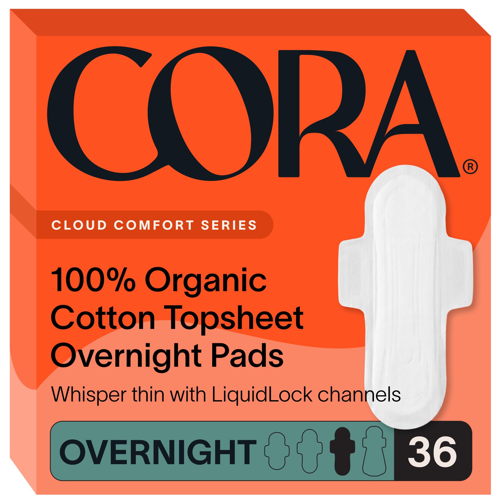 Cora Ultra Thin Organic Cotton Period Pads, Overnight Absorbency, with Wings & Dry Wicking Technology (New 36 Count)