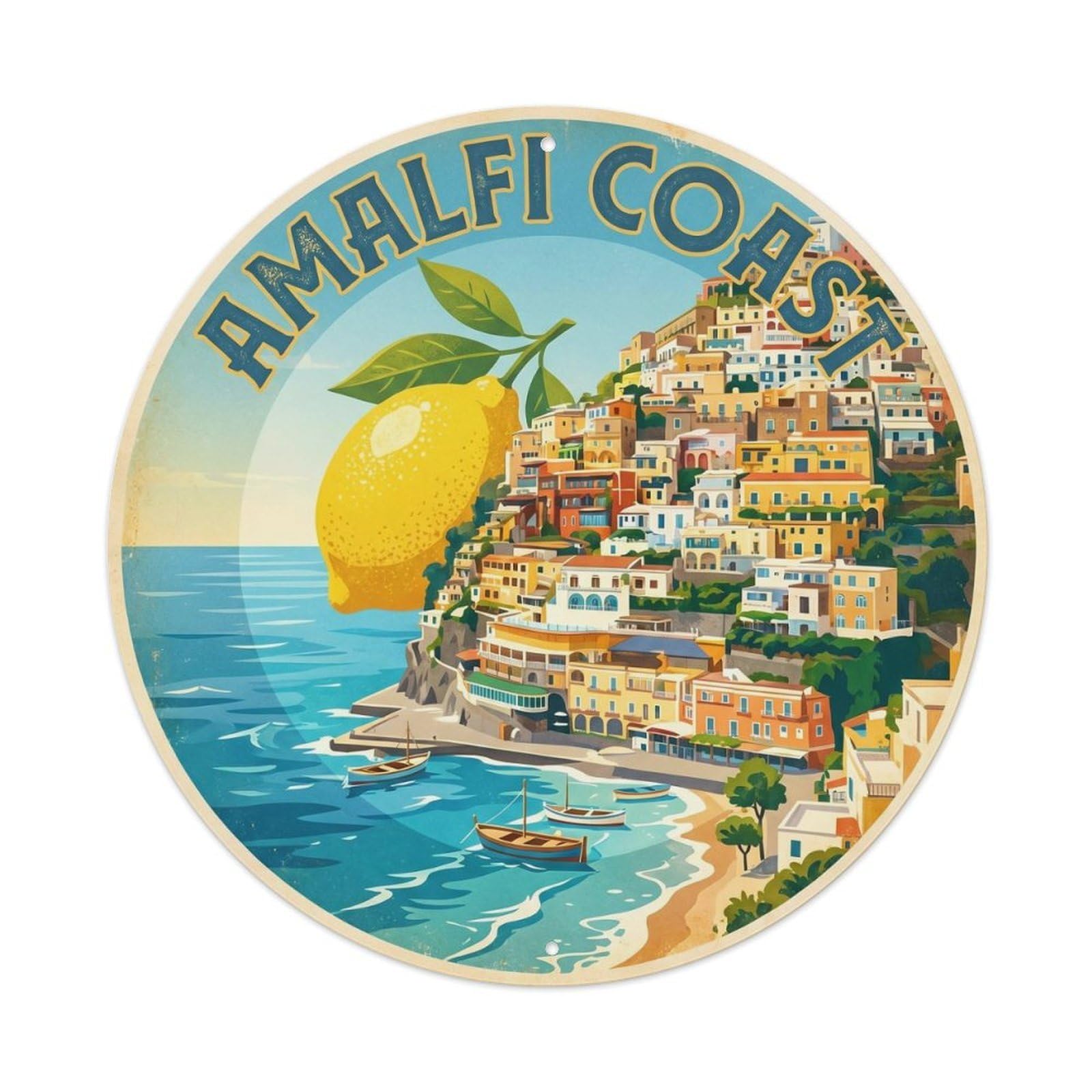 Retro Amalfi Coast Italy Houses Lemon Culinary Travel Metal Tin Sign