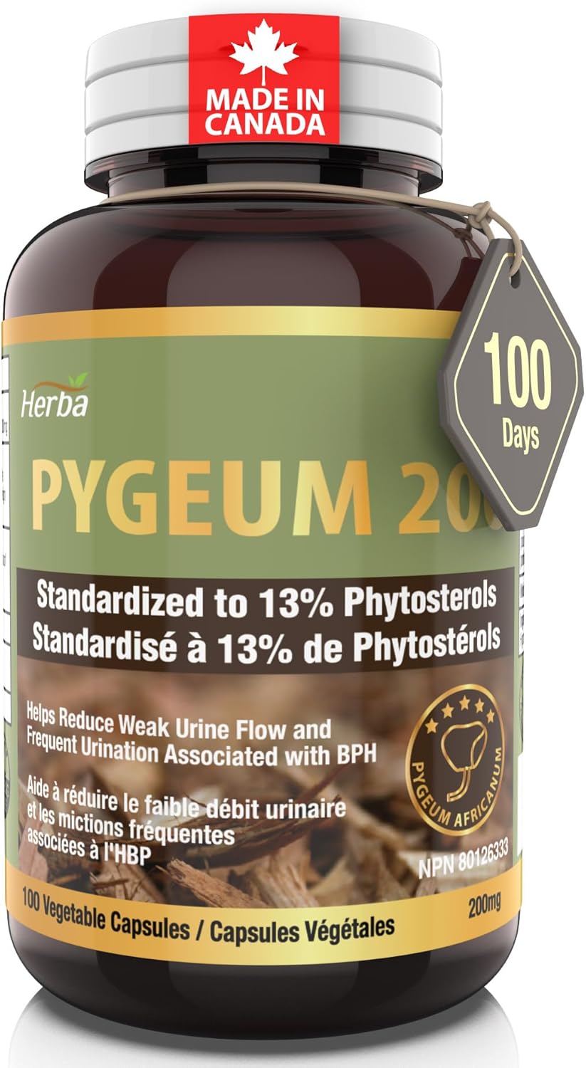 Herba Pygeum Supplement 200mg – 100 Capsules | Standardized to 13% Phytosterols | Pygeum Africanum as Prostate Supplement for Men | Made in Canada