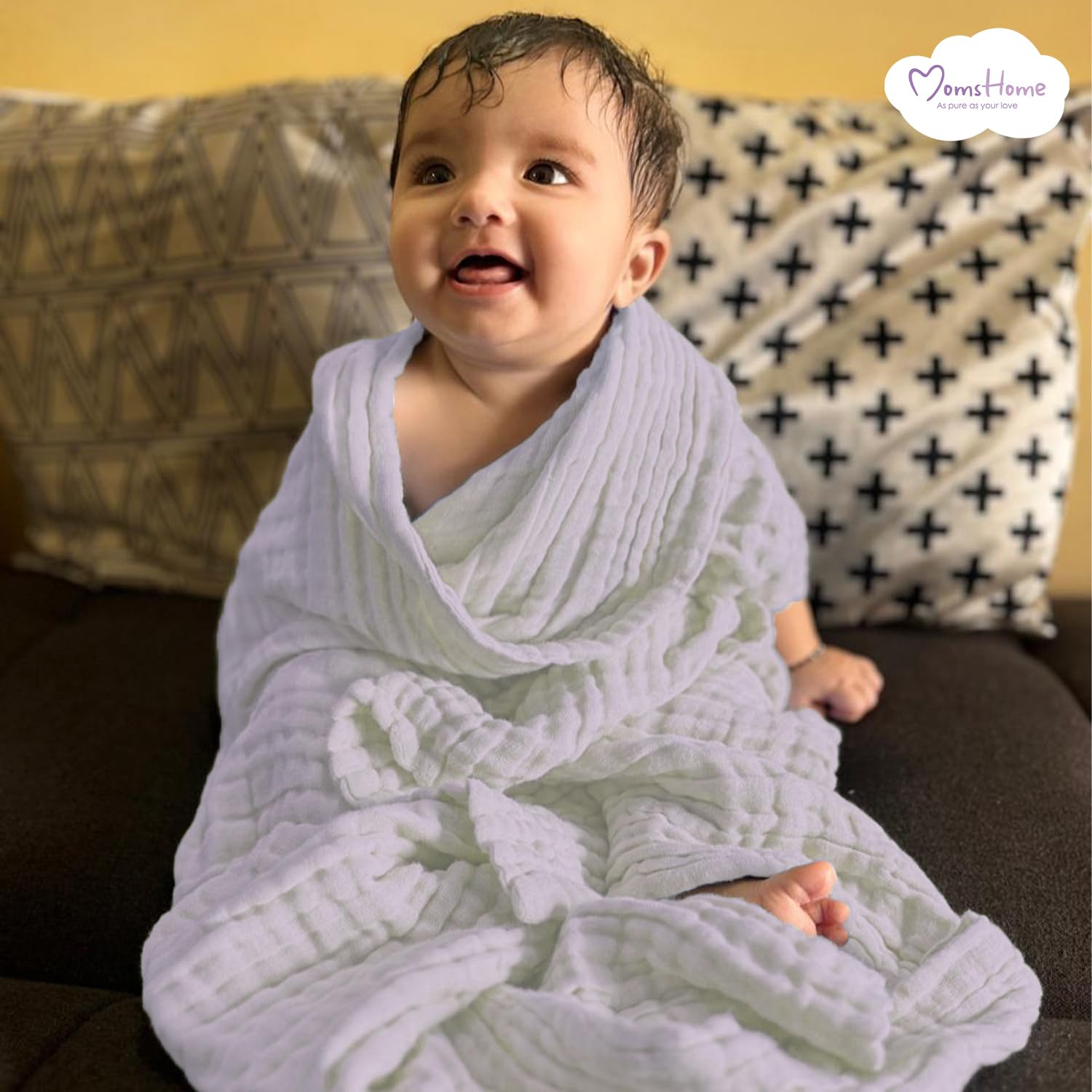 MOM'S HOME Baby Super Soft Absorbent Muslin 6 Layer wash Towel- 100X100 CM - (0-3 Years)- White 2