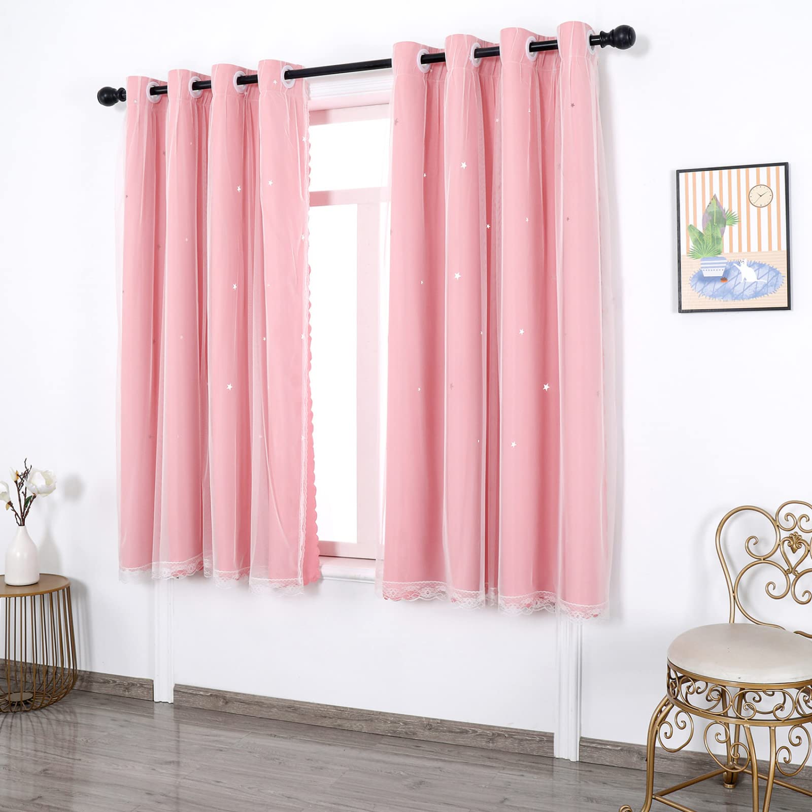Genérico Cortina Cortina de Estrella Cortinas para niños Dormitorio Sala de Estar Cortina Opaca de Doble Capa con Ojales 1 Panel Rosa 70x108 Pulgadas