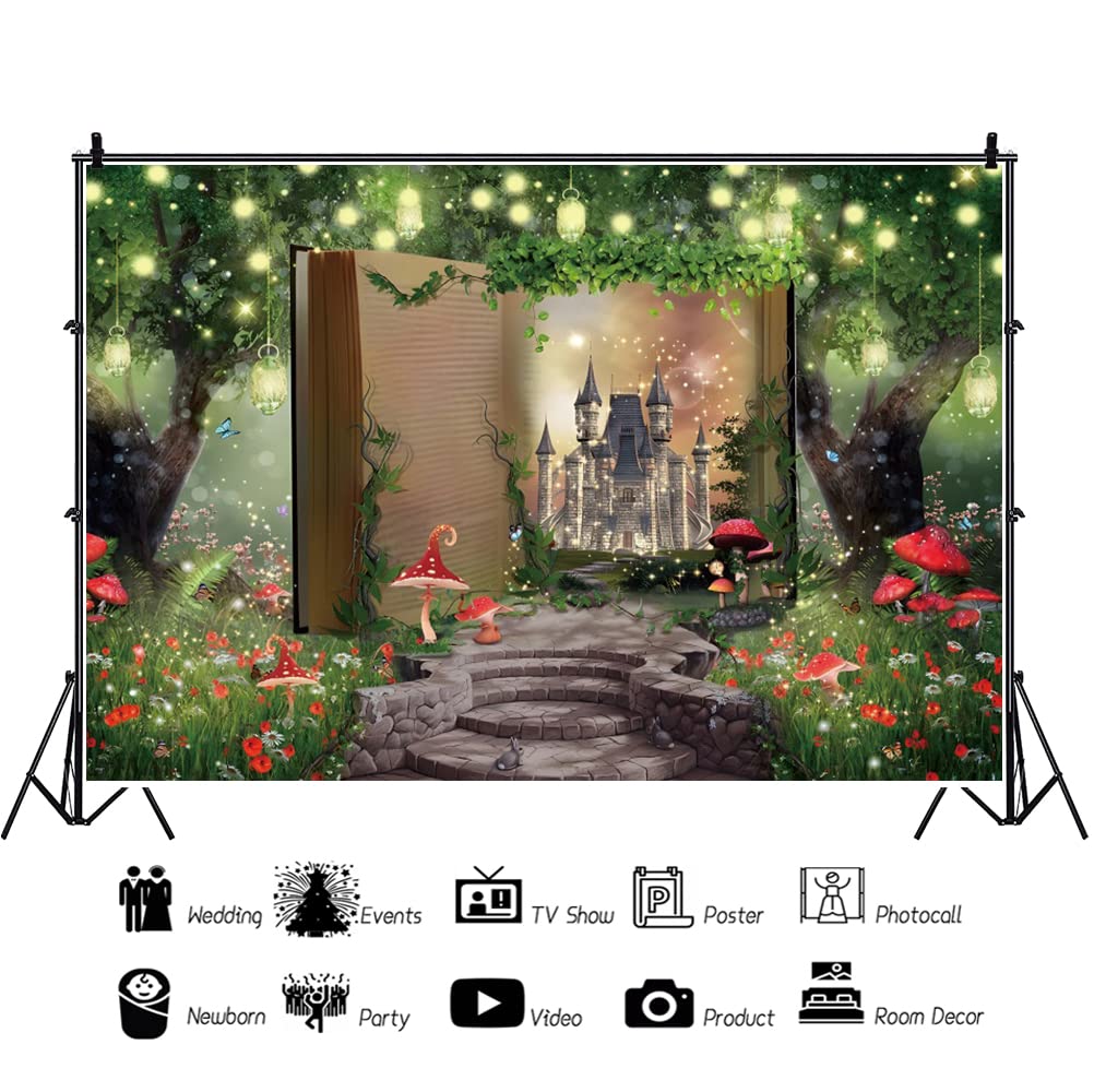 3x2,5m Bosque Telón de fondo Libro Mágico Mundo de cuento de hadas Telón de fondo Bosque de Fantasía Castillo Seta Hierba Flores Luces de purpurina Fotografía de Fondo