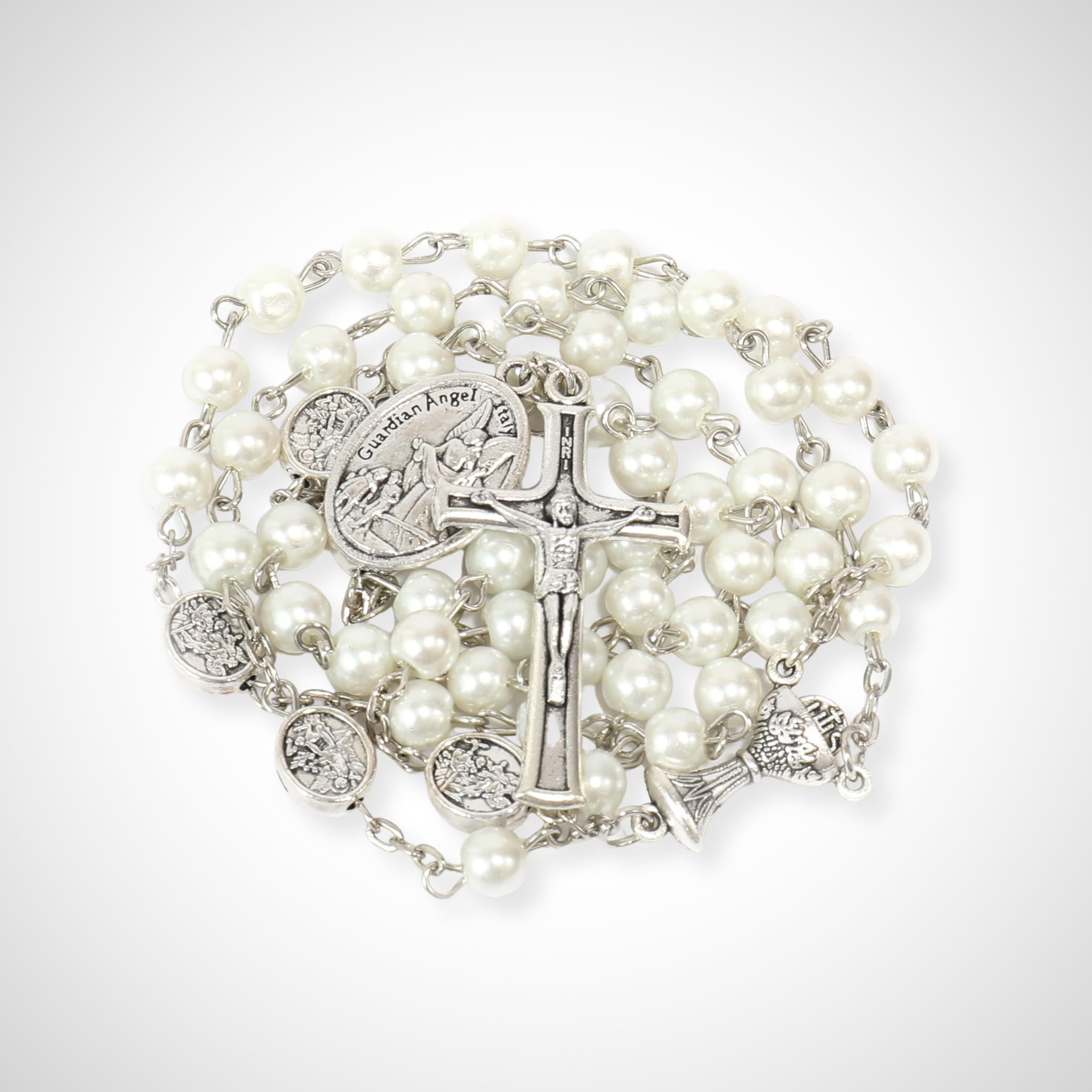 Nazareth Store First Communion Rosary - 6mm Glass Pearl Prayer Beads - Silver Plated with Chalice Medal - Metal Gift Box Included - Communion Gifts for Girls (White)