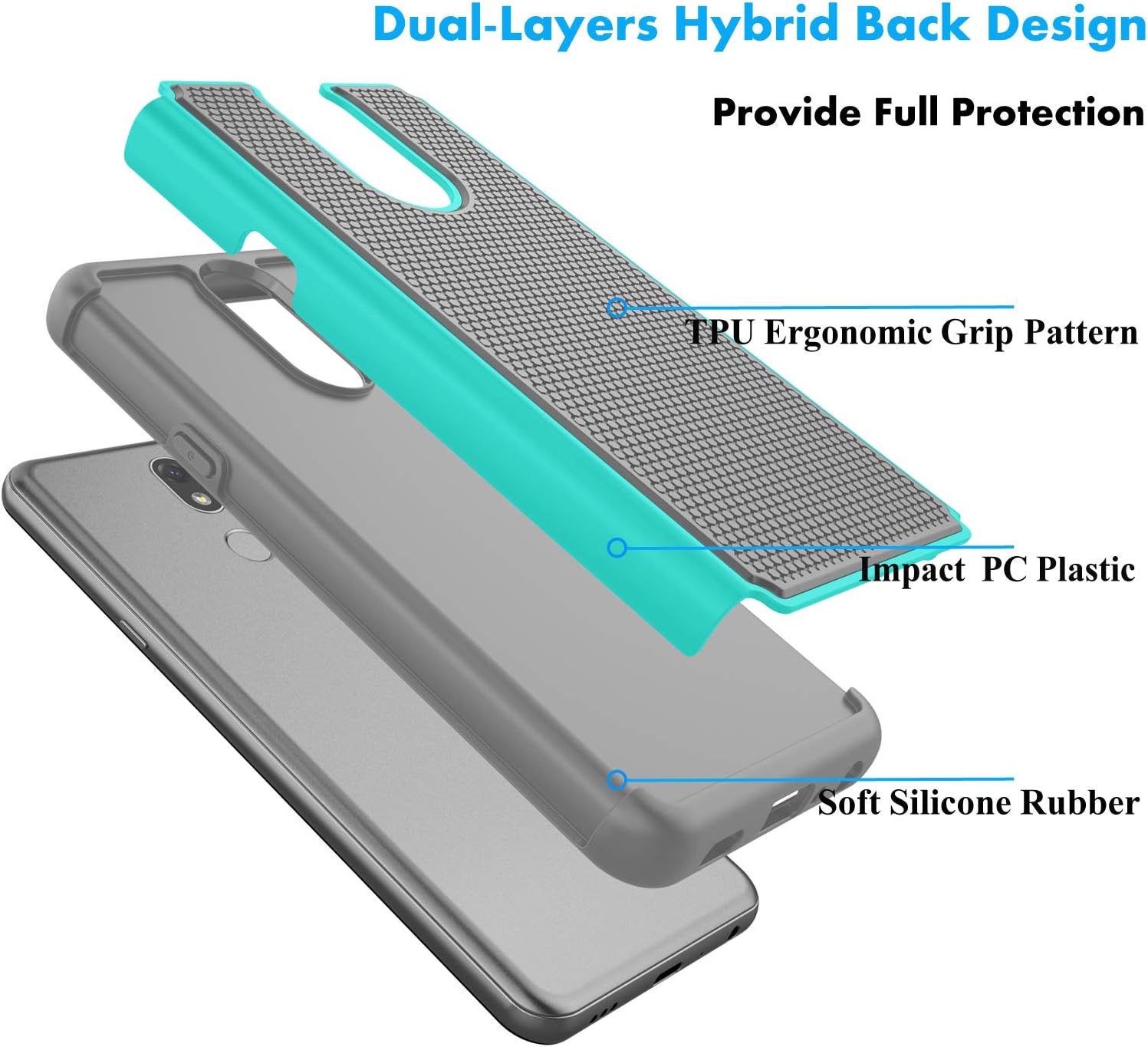 Njjex Compatible with LG K40 Case/LG Solo LTE Case/LG Xpression Plus 2/K12 Plus/Harmony 3 Case, [Nveins] Hybrid Dual Layers Hard Plastic Back + Soft Silicone Rubber Defender Slim Phone Cover Turquoise