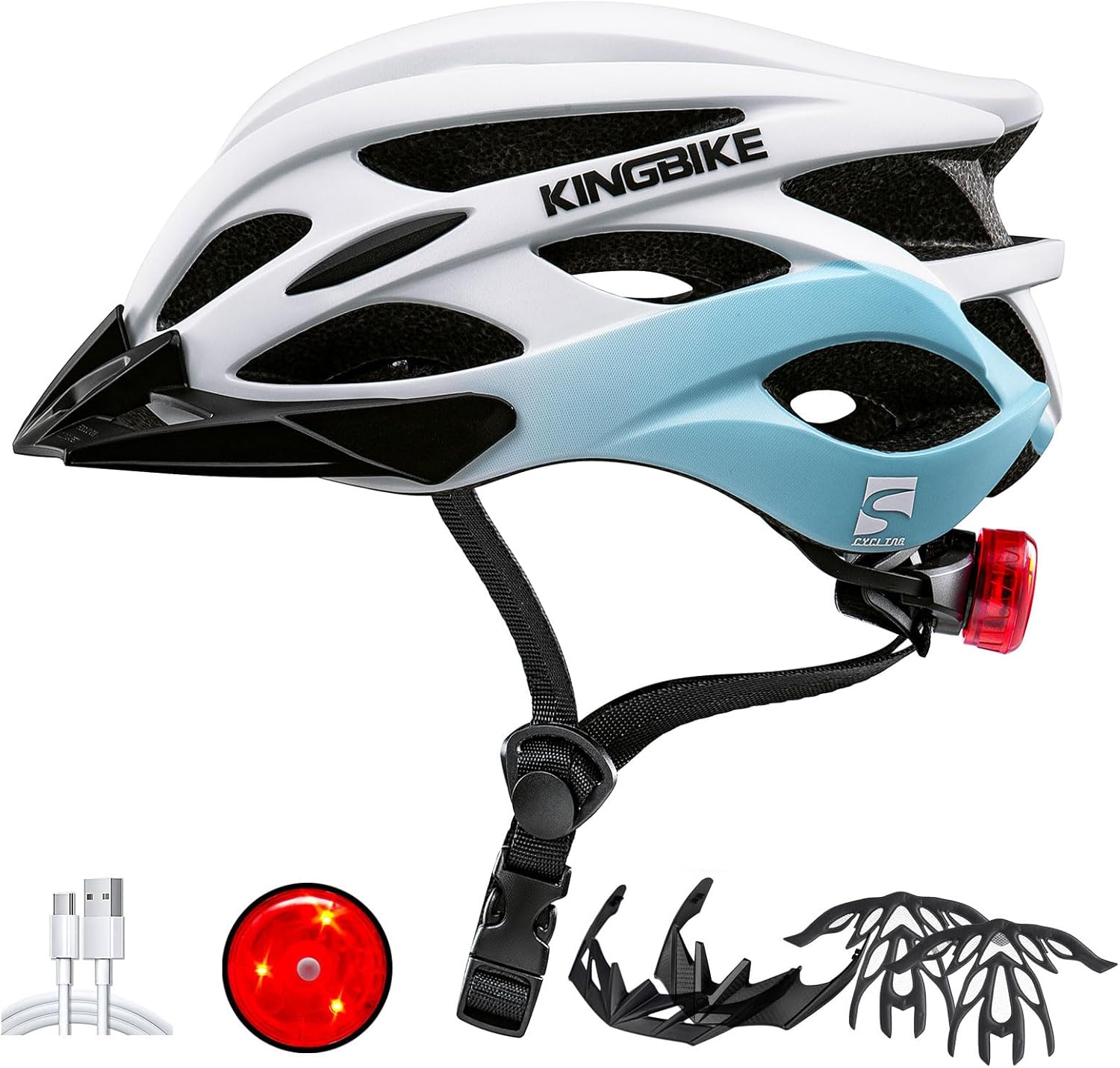 KINGBIKE Bike Helmet for Adult Men Women Youth Road Commute Mountain Cycling Helmets with USB Rechargeable Light Replaceable Padding and Visors Lightweight 20.4-23.6in