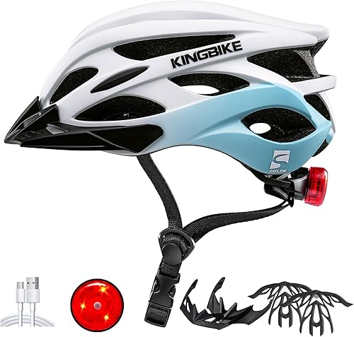 Miniatura 11 de KINGBIKE - Casco de bicicleta para adultos, hombres, mujeres y jóvenes, para ciclismo en carretera y montaña, con luz recargable por USB, Azul
