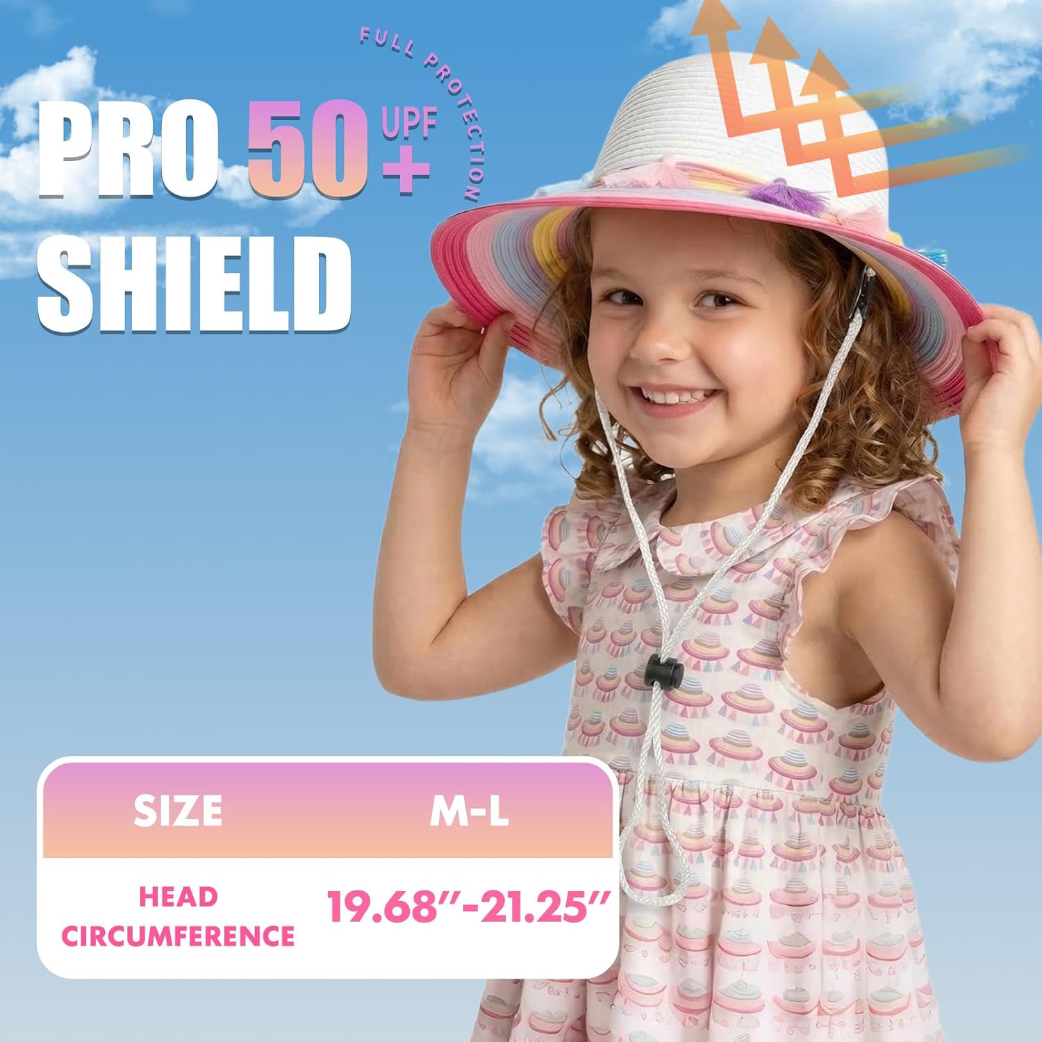PinkSheep Girls Sun Hat,Cute Summer Straw Beach Hat for Toddler Kids with Wide Rainbow Brim & Tassels - UPF 50+