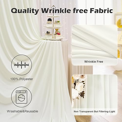 Miniatura 4 de Cortina de telón de fondo marfil sin arrugas de 30 x 10 pies para fiestas, 6 paneles de 5 x 10 pies, poliéster sedoso marfil, cortinas de telón de