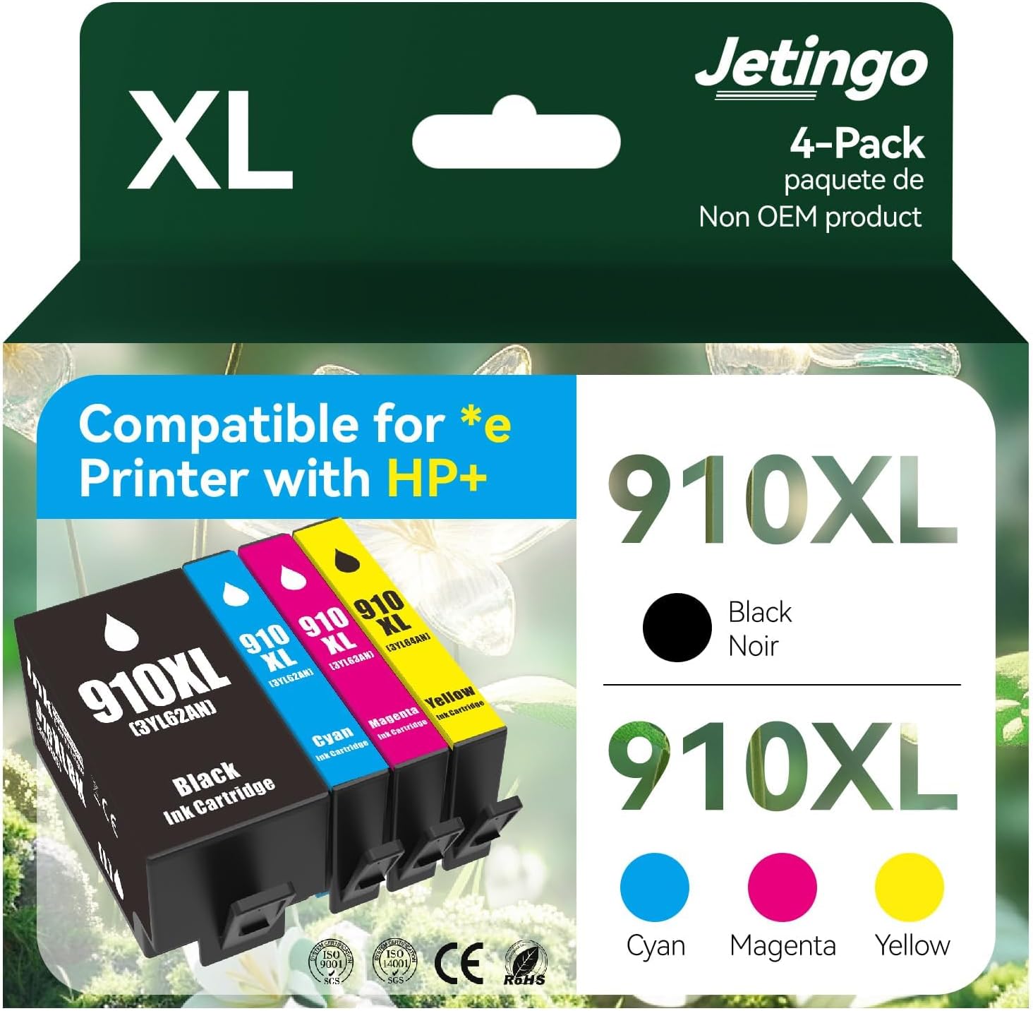 910xl ink cartridges combo pack replacement for hp 4 pack black and color 910xl ink cartridges hp910 hp910xl for officejet pro 8025e 8015e 8028e 8035e 8025 8035 8020 printer (bk/c/m/y) 910xl-4p
