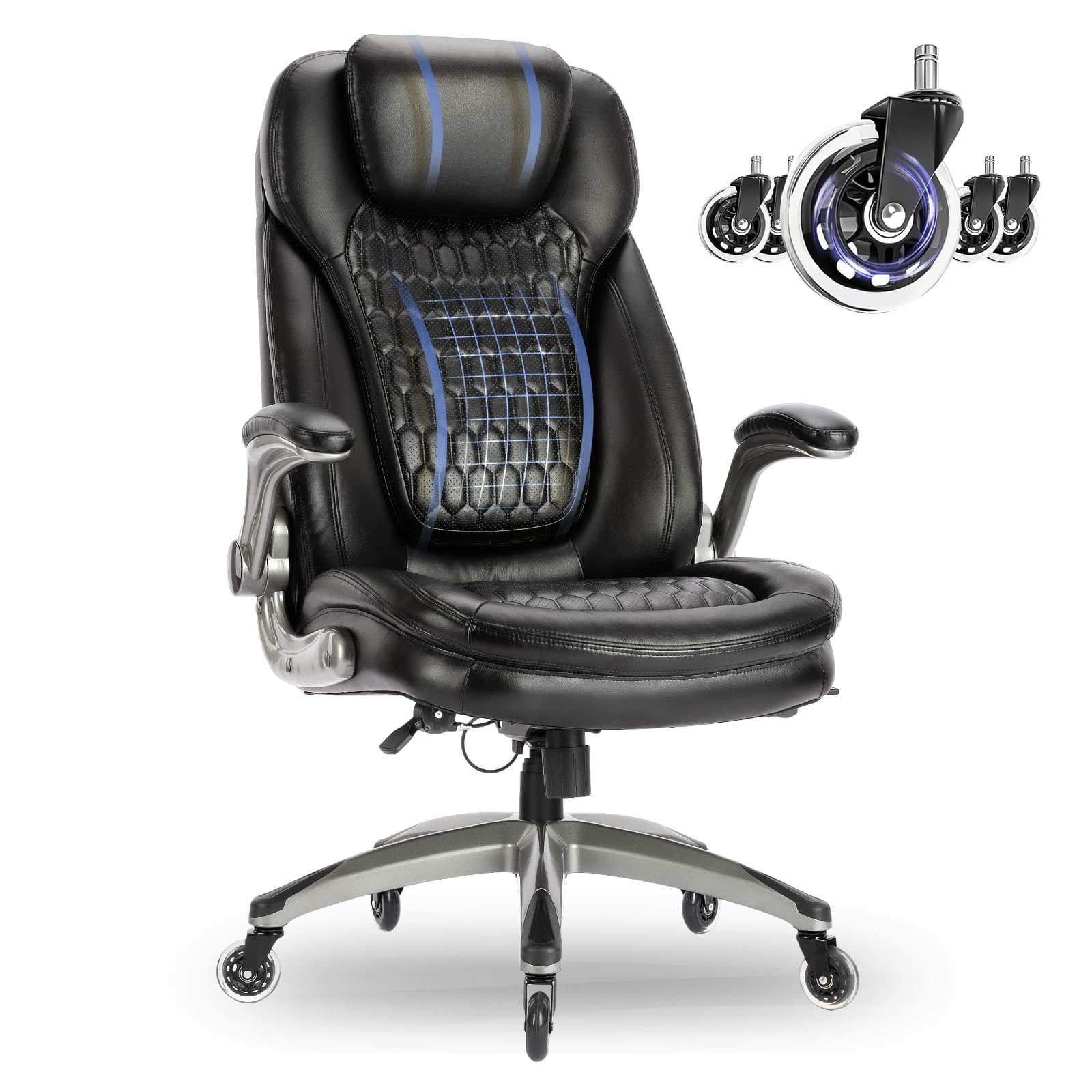 COLAMY High Back Office Chair-Executive Computer Office Chair with Flip-up Arms Adjustable Height SwivelChair, Thick Padded Leather for Comfort and Ergonomic Design for Lumbar Support (137kg, Black)