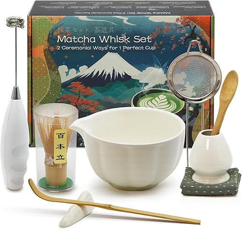 Miniatura 11 de Juego de batidores de matcha, incluye cuenco de cerámica con boquilla, batidor (Chasen), soporte, cuchara de bambú, tamiz, espumador eléctrico