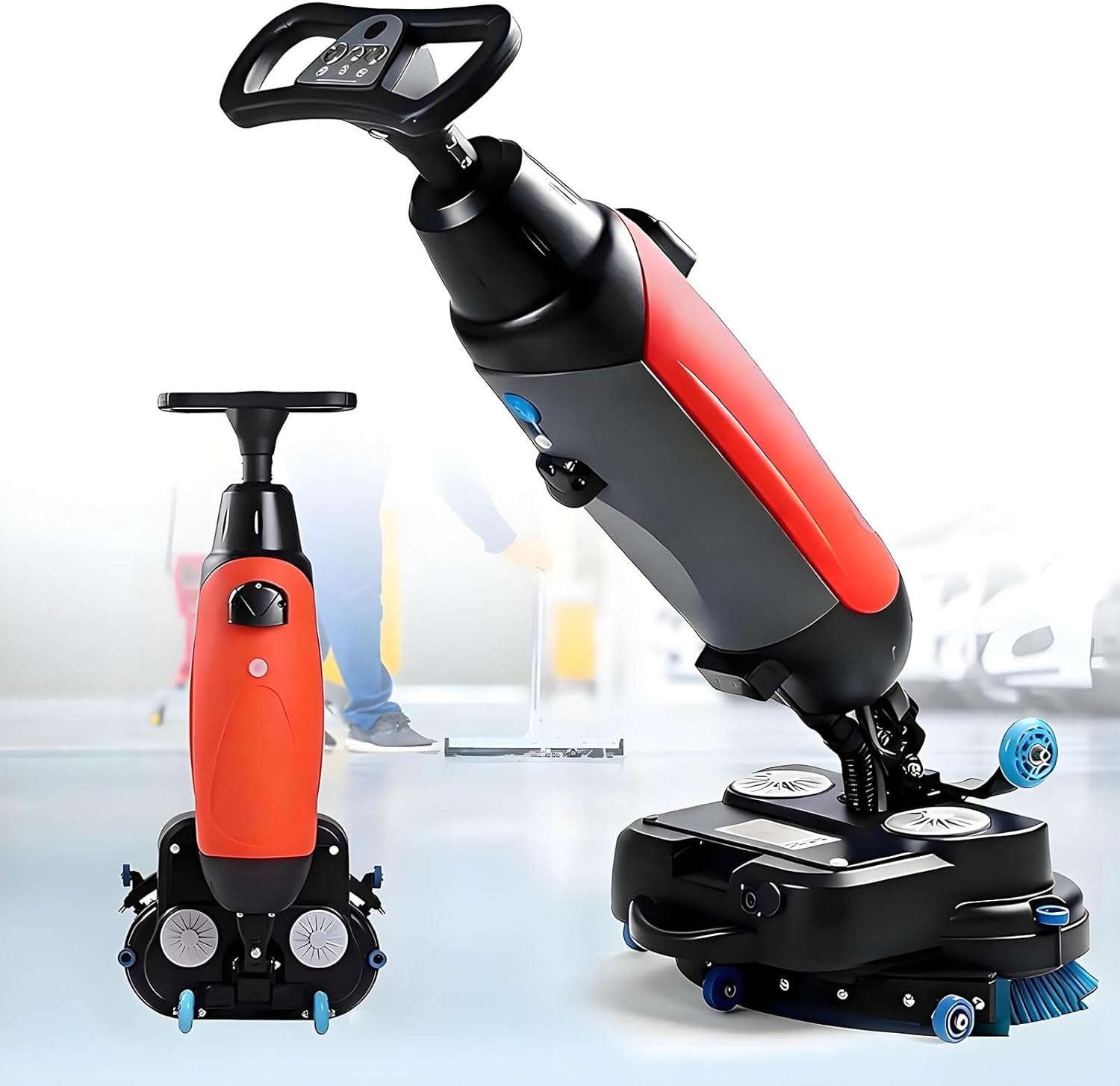 Commercial Floor Scrubber Machine, 17" Walk-Behind Floor Scrubber Buffer Polisher Machine Multi-Functional Floors Buffer Polisher Machine With Dual Brushes For Tile Hard Floors Cleaning(Red)