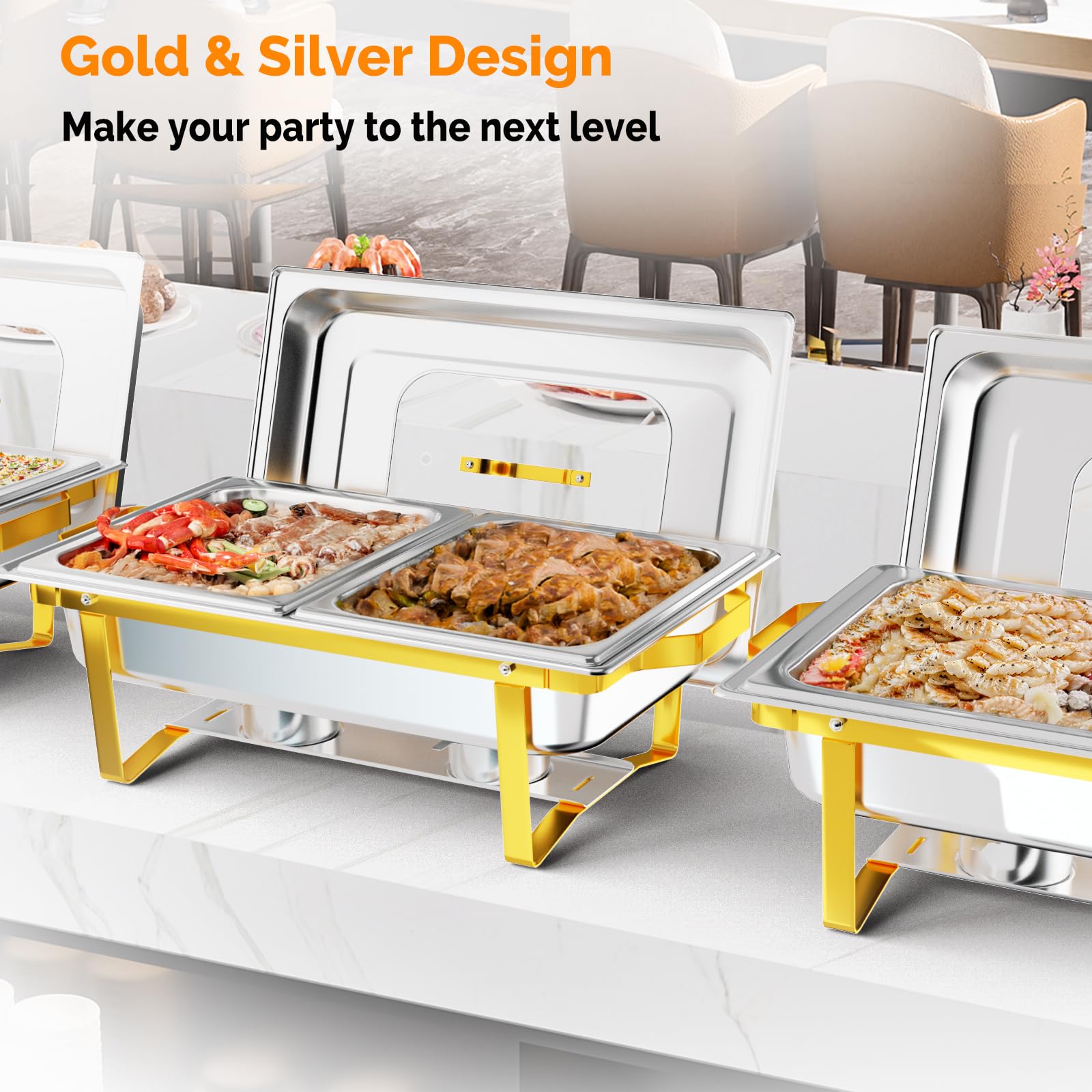 ROVSUN Juego de Platos de Cocina de 8 Cuartos de galón, Acero Inoxidable NSF, Calentador de Alimentos Rectangular con 2 sartenes de Medio tamaño y Marco Plegable para Fiestas (Paquete de 1)