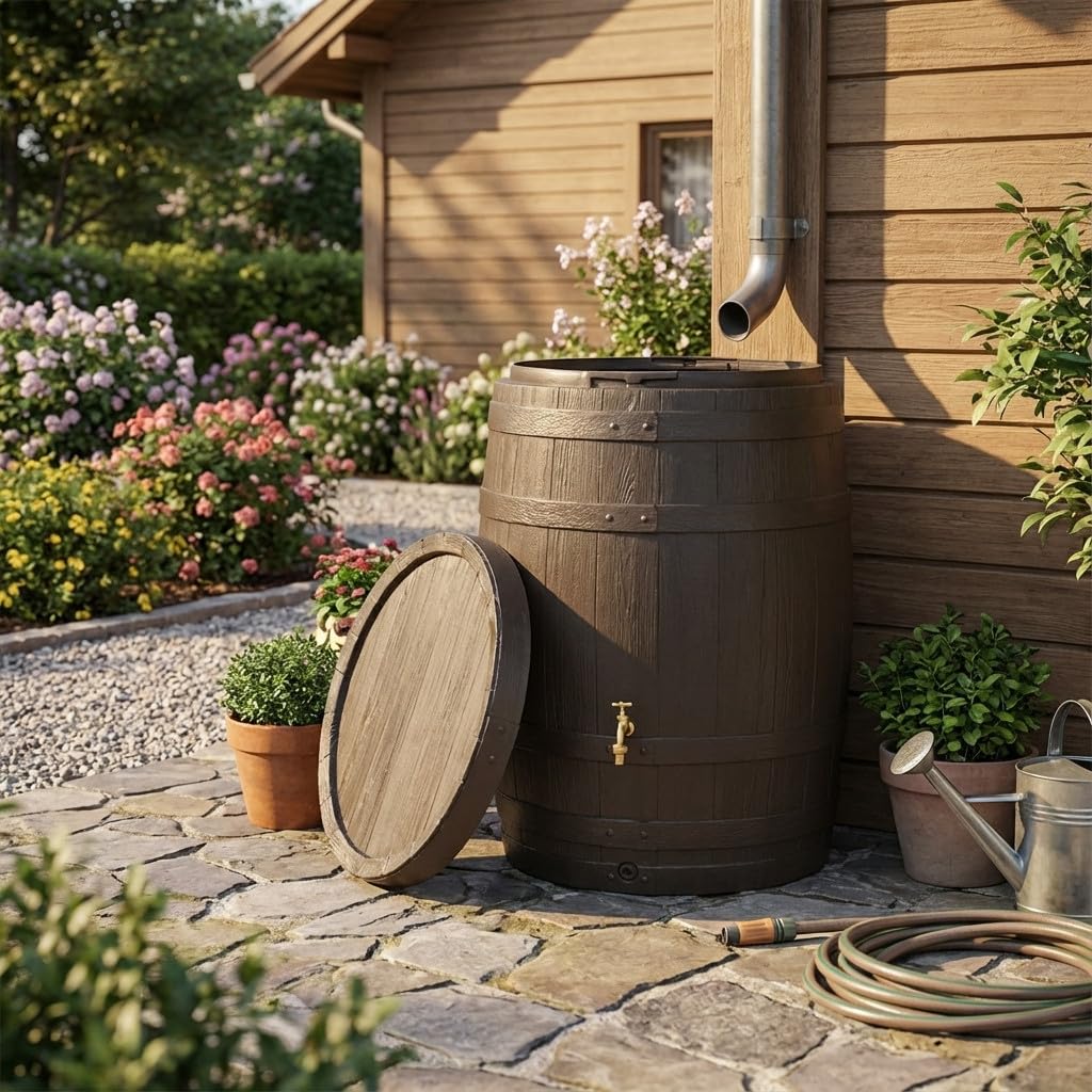 Serbatoio dell'acqua da 250 litri | Barile in polietilene imitazione legno 65 x 95 cm | Serbatoio acqua piovana per giardino | Serbatoi d'acqua decorativi per giardino